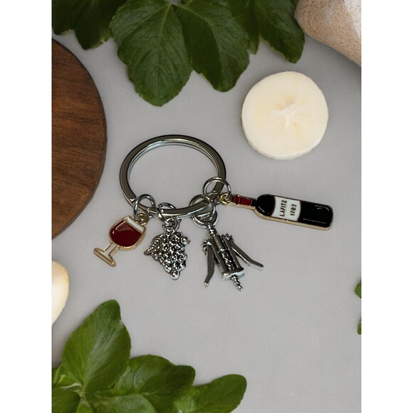 Wine Themed Keychain with Wine Glass, Grapes, Wine Bottle and Bottle Opener - Picture 2 of 4